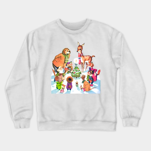 Happy animals celebrate Christmas night around the pine tree and its bright star Retro Vintage Comic Cartoons Crewneck Sweatshirt by REVISTANGO